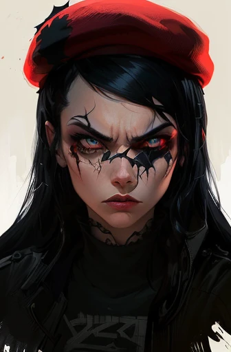 there is a woman with a red beret and black hair, closeup character portrait, gorillaz phase 1, portrait of a ominous girl, portrait of evil girl, painted character portrait, scary portrait, artwork in the style of guweiz, character portrait closeup, angry look, scary look, 2 d gorillaz, eerie art style, cartoon digital painting, close up character