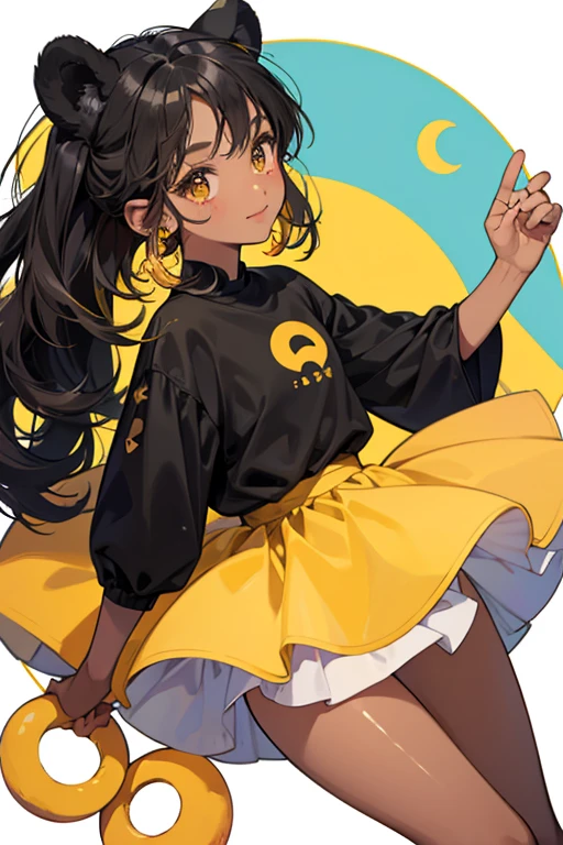  black girl bear with round ears and a small tail. Her head is lighter than the rest of her body, and she has a yellow crescent shape  as well as an peach colored circle on her cheek. SPARKLE; GLITTER