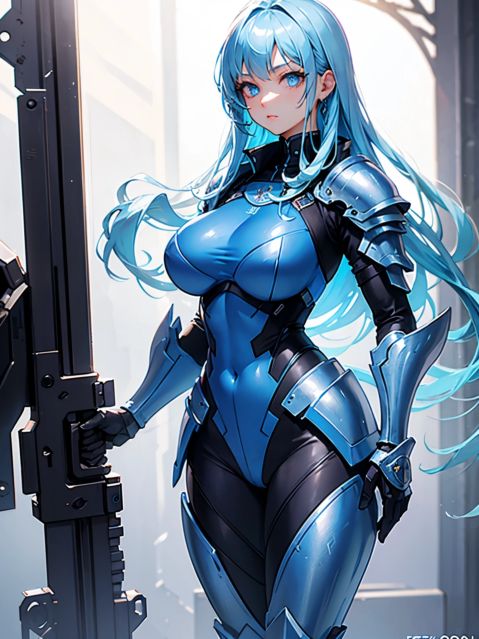 Beauty hunter girl, blue eyes, blue hair, full armour, big breasts, perfect eyes, fitted suit