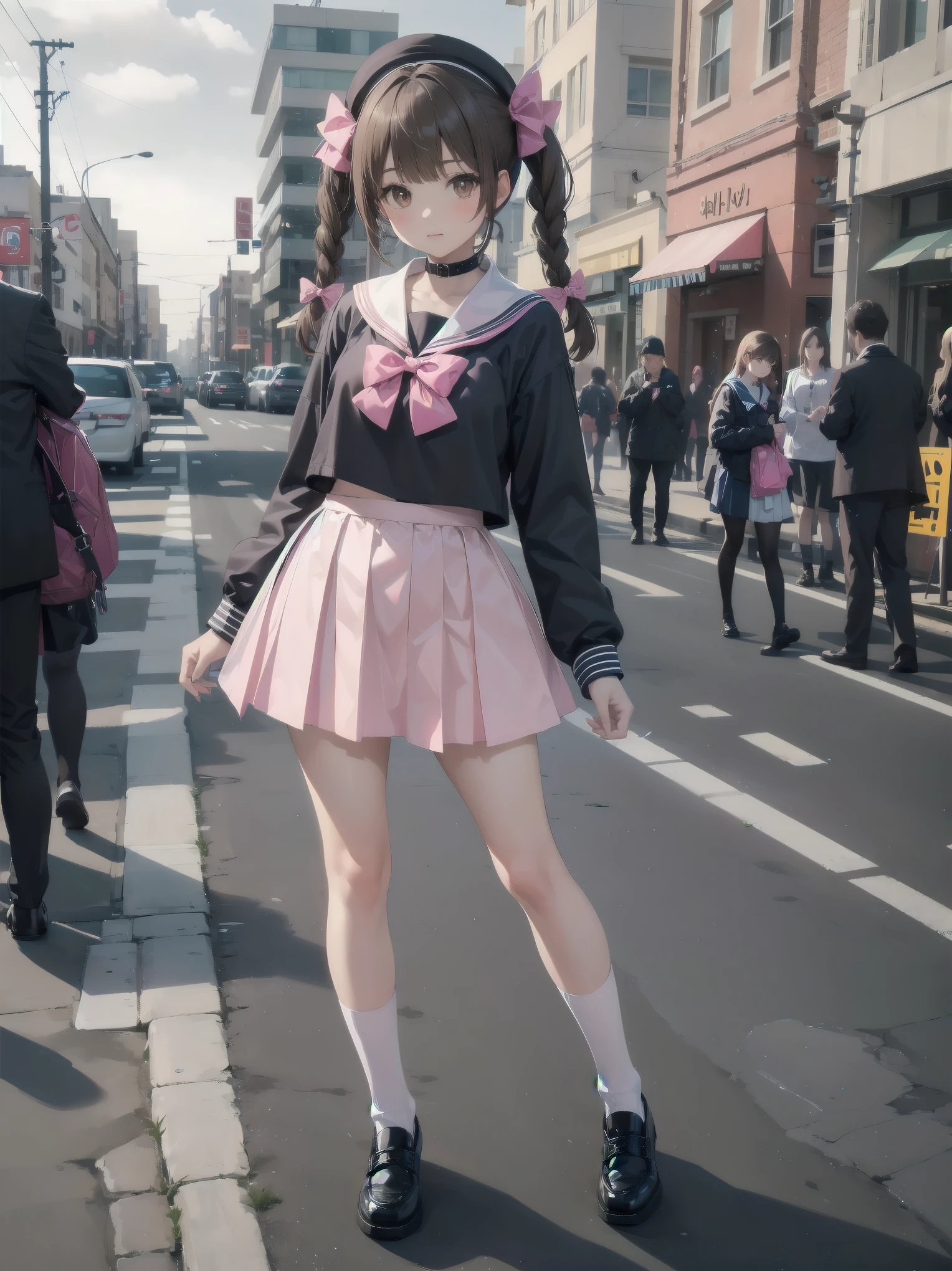 1girl, solo, looking at viewer, skirt, brown hair, shirt, long sleeves, bow, twintails, brown eyes, , full body, shoes, socks, sailor collar, black footwear, twin braids, cosplay, blue bow, white socks, pink skirt, photo background, pink sailor collar