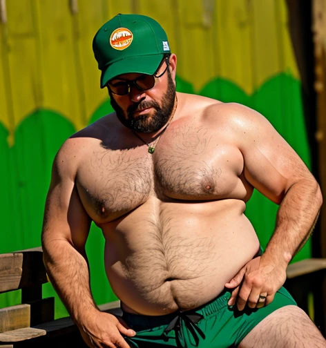 plump, chubby, extremely thick thighs, large belly, wearing only green swim trunks..muito barbudo. 56 anos.apana 1 umbigo. Barriga detalhada. wearing cap. Homem barbudo gordo e sexy de 50 anos,cheio de suor,corpo todo,barriga grande, barba branca, fios brancos,((Vestindo uma camisa branca aberta desabotoado , e sunga, capacete de engenheiro)),rosto atordoado,Abra as pernas,in the background a building under construction and machines for building construction, vista de baixo, uniforme de engenheiro, construtor. Api. detalhado, gesticulando para o expectador fotografia de Corpo completo imagem de corpo inteiro. Scratching the balls, acariciando a suas virilhas, volume na virilha normal. Fumando cigarro tragando um charuto cubano. Usando sunga amarela.