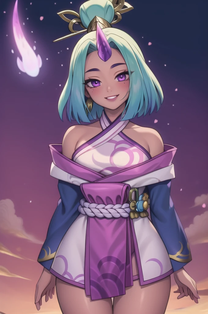 (masterpiece, best quality:1.2), intricate details, spirit blossom soraka, 1girl, purple skin, colored skin, single horn, kimono, hair ornament, bare shoulders, smile