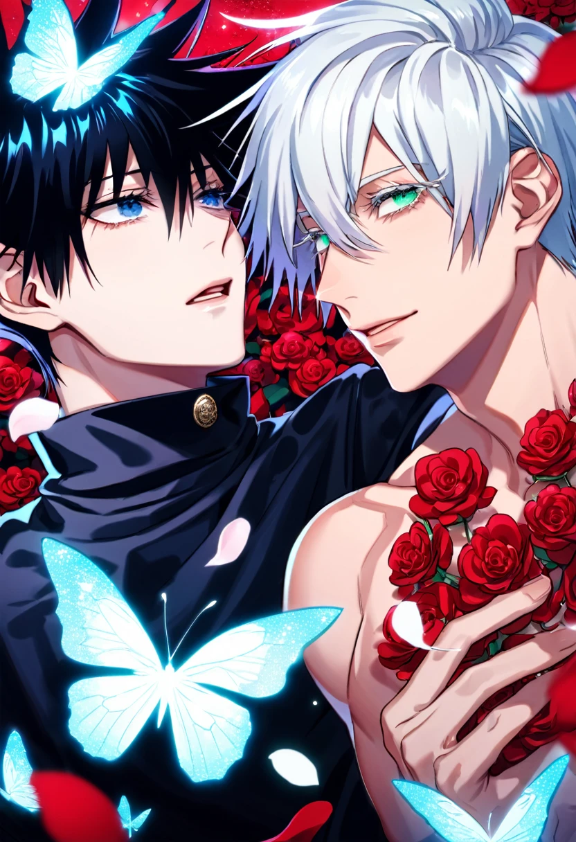absurdres, highres, ultra detailed, HDR, master piece, best quality, Dante, white hair, expressive blue eyes, devil may cry, Vergil, white hair, expressive blue eyes, two sexy men together, gay couple, yaoi, handsome, toned chest, red coat, blue coat, magical, fantasy, shining, pink flowers, pink blossoms, pink butterflies, pink petals, water
