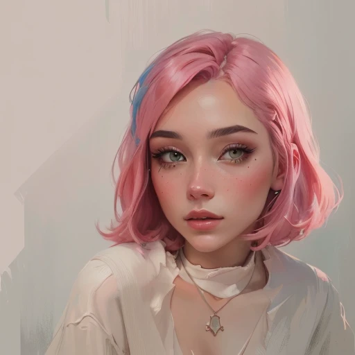 there is a painting of a woman with pink hair and a necklace, color study, inspired by loish, digital painted, soft digital painting, painted character portrait, digital paining, pink girl, a digital painting, soft portrait, digital portrait, lofi portrait, digital painting, low detailed. digital painting, an expressive digital painting, digital sketch, loish art style