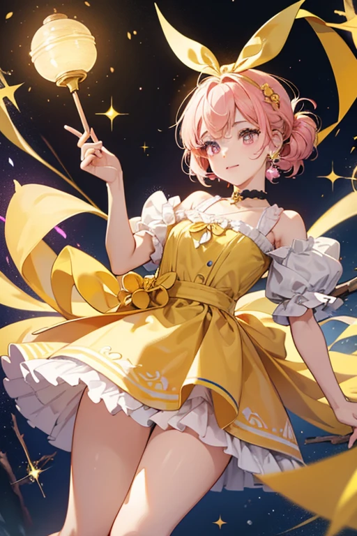 Belltchi looks like a small yellow bell with a yellow ribbon on top of her head. She has round, dark eyes with two eyelashes on each one. She also has short stick legs and pink cheeks. SPARKLE; GLITTER