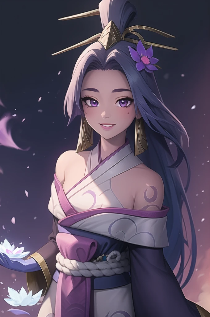 (masterpiece, best quality:1.2), intricate details, spirit blossom soraka, 1girl, purple skin, colored skin, single horn, kimono, hair ornament, bare shoulders, smile