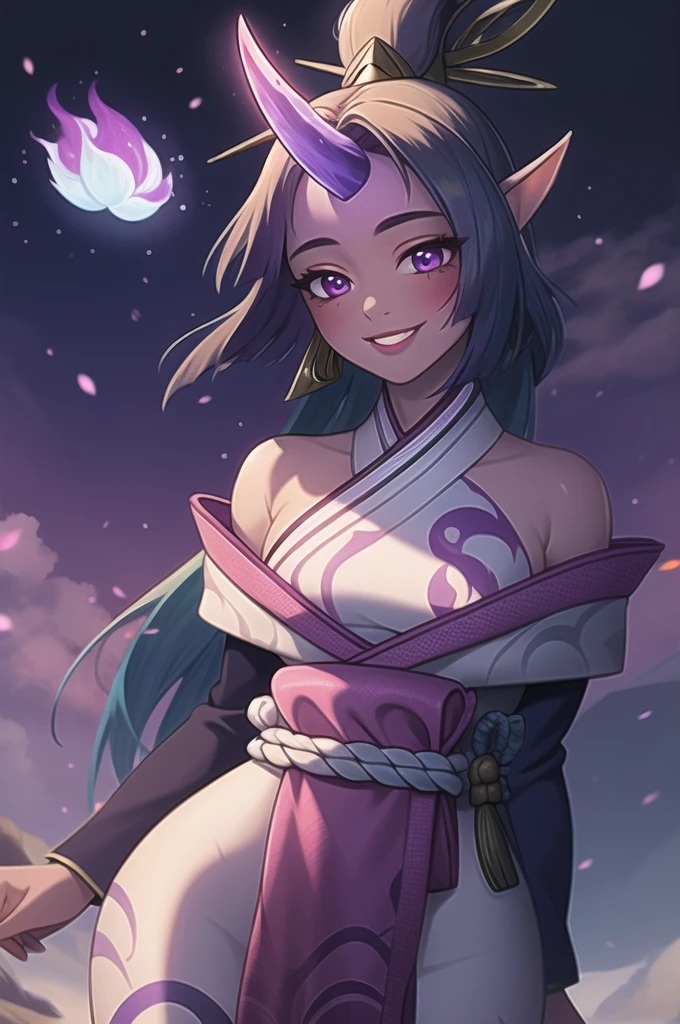 (masterpiece, best quality:1.2), intricate details, spirit blossom soraka, 1girl, purple skin, colored skin, single horn, kimono, hair ornament, bare shoulders, smile