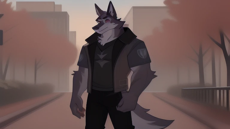 Vortex hellhound from Helluva Boss, standing in a park, He wears a black t-shirt with a gray vest with red spikes on the shoulders and black pants.