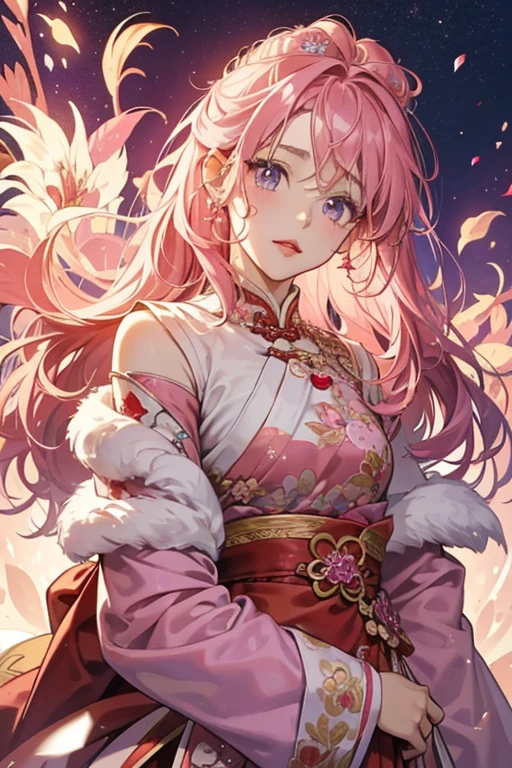 Benitchi has pink skin and blueish-purple, wavy eyes that are similar to Makiko's. She has a beauty mark on the right side of her face, and fluffy pink hair with a curl hanging down on the left side of her head. She wears a red Chinese dress, red lipstick, and has a red flower in her hair. SPARKLE; GLITTER