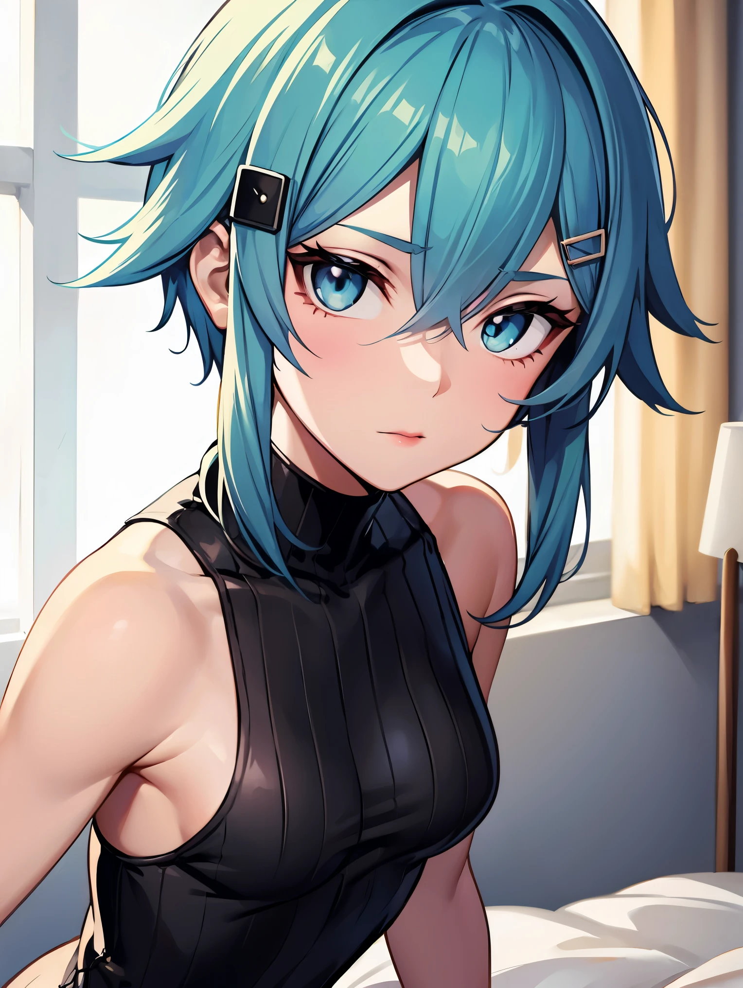 deep skin,textured skin,shinoasada, sinon, blue eyes, blue hair, hair ornament, hair between eyes, hairclip, short hair, sidelocks, (small breast:1.2),
BREAK (sleeveless, sleeveless turtleneck, turtleneck:1,2)
BREAK sitting, looking at the viewer, bed,
BREAK (masterpiece:1.2), best quality, high resolution, unity 8k wallpaper, (illustration:0.8), (beautiful detailed eyes:1.6), extremely detailed face, perfect lighting, extremely detailed CG, (perfect hands, perfect anatomy),