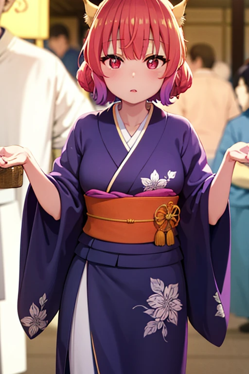 very detailed, high quality (medium long shot), ilulu from the anime dragon maid san with a kimono suit in the middle of a traditional Japanese festival