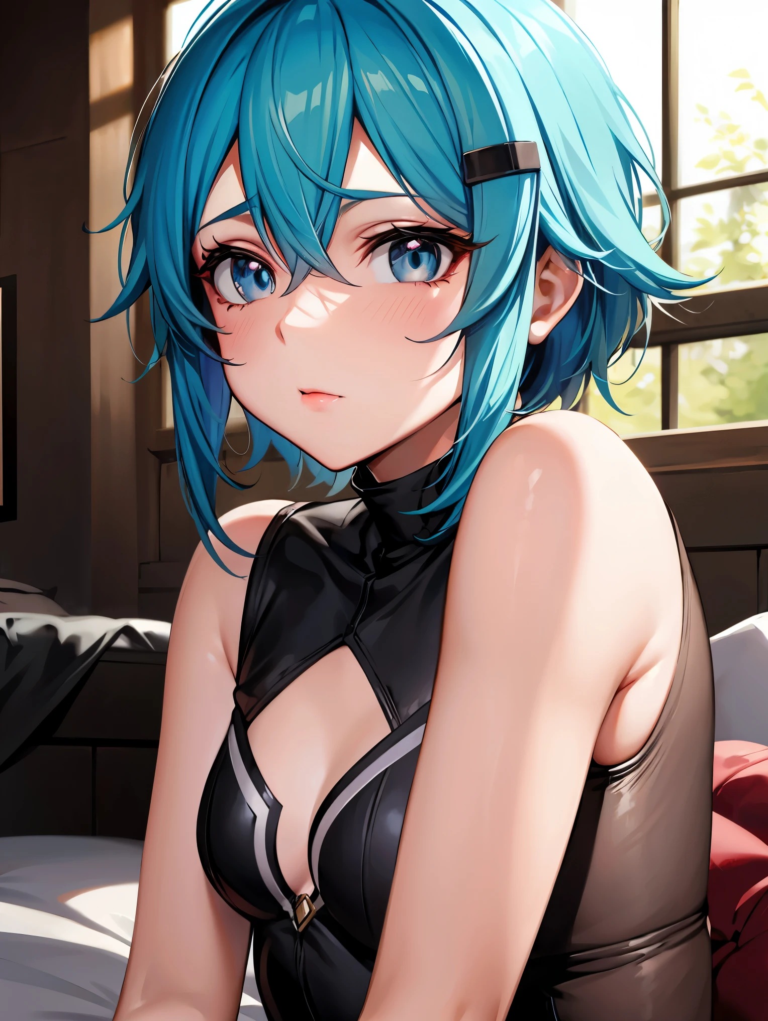 deep skin,textured skin,shinoasada, sinon, blue eyes, blue hair, hair ornament, hair between eyes, hairclip, short hair, sidelocks, (small breast:1.2),
BREAK (sleeveless, sleeveless turtleneck, turtleneck:1,2)
BREAK sitting, looking at the viewer, bed,
BREAK (masterpiece:1.2), best quality, high resolution, unity 8k wallpaper, (illustration:0.8), (beautiful detailed eyes:1.6), extremely detailed face, perfect lighting, extremely detailed CG, (perfect hands, perfect anatomy),