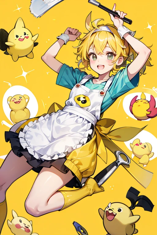 Benripatchi is a yellow Tamagotchi with a body shape similar to Kuchipatchi. She wears a tool apron that holds various tools and a white headband hat on her head. Her right arm is also in a cast after slipping on a banana peel and falling down. SPARKLE; GLITTER