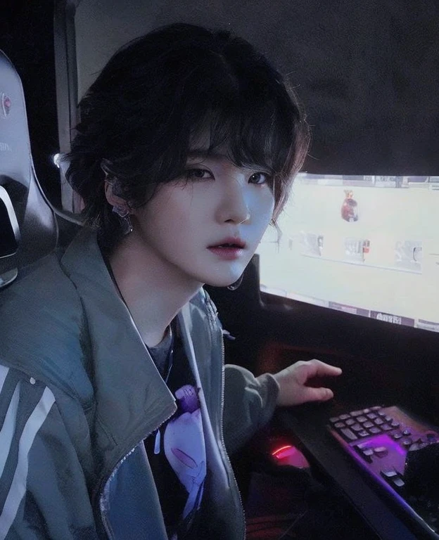 Yoongi de bts, nariz pronunciada, labios voluminosos, ojos grandes, iris grande y color negro, add red lights without much intensity, ligero sonrojo en las mejillas,