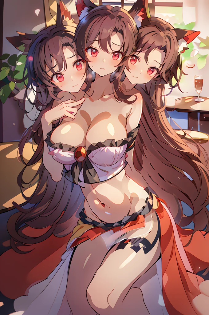 (masterpiece, best quality), best quality, (ultra-detailed), (3heads:1.5), 1girl, (kagerou imaizumi:1.3), masterpiece, ultra quality, ultra resolution, ultra detail, best quality, red, white, and black hash-patterned top, crop top, ((stomach)), midriff, ((groin)), red, white, and black hash-patterned skirt, frilled skirt, miniskirt, normal ears, shackles, hip-length dark auburn hair, very long hair, wavy hair, sidelocks, red eyes, parted lips, open belly, sweat, cute, toned belly, hand on own chest, eyelashes, (25 year old woman:1.3), (masterpiece:1.5), (best quality:1.5), (beautiful detailed extremely detailed CG, extremely delicate and beautiful, depth of field, (finely detailed face), (perfect details:1.3), (mature female:1.3), wide pelvis, slender, large veiny breast, 16k resolution, highres, high quality, high definition, extremely detailed, masterpiece, hip-length dark auburn hair, long hair, alluring presence, twin braid, short skirt, close up, big tits, young, wolf ears, nsfw, open belly,
