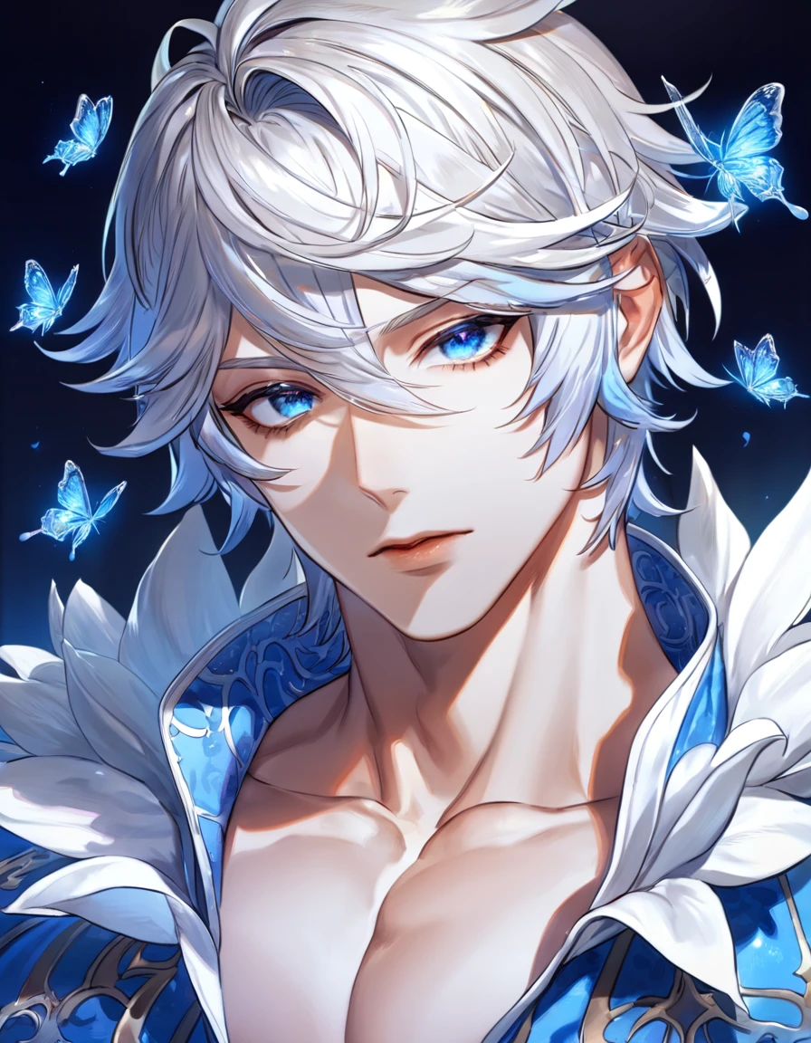 absurdres, highres, ultra detailed, HDR, master piece, best quality, Lucifer, white hair, expressive blue eyes, granblue fantasy, solo, sexy man, handsome, patterns, magical, fantasy, blue background, blue lotus, shining, blue petals, blue sparkling butterflies