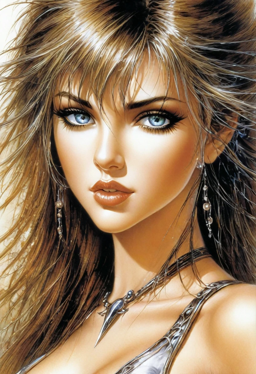 Create a hyper detailed photograph of a luis royo youthful glamorous prohibited, Stunningly perfect gorgeous face, perfect makeup, detailed vibrant eyes, hair, perfect beautiful legs, perfect beautiful arms, big bac muscles, abs, detailed smooth skin, big breast, big perfect ass, small areolas, small perky detailed nipples, prohibited,