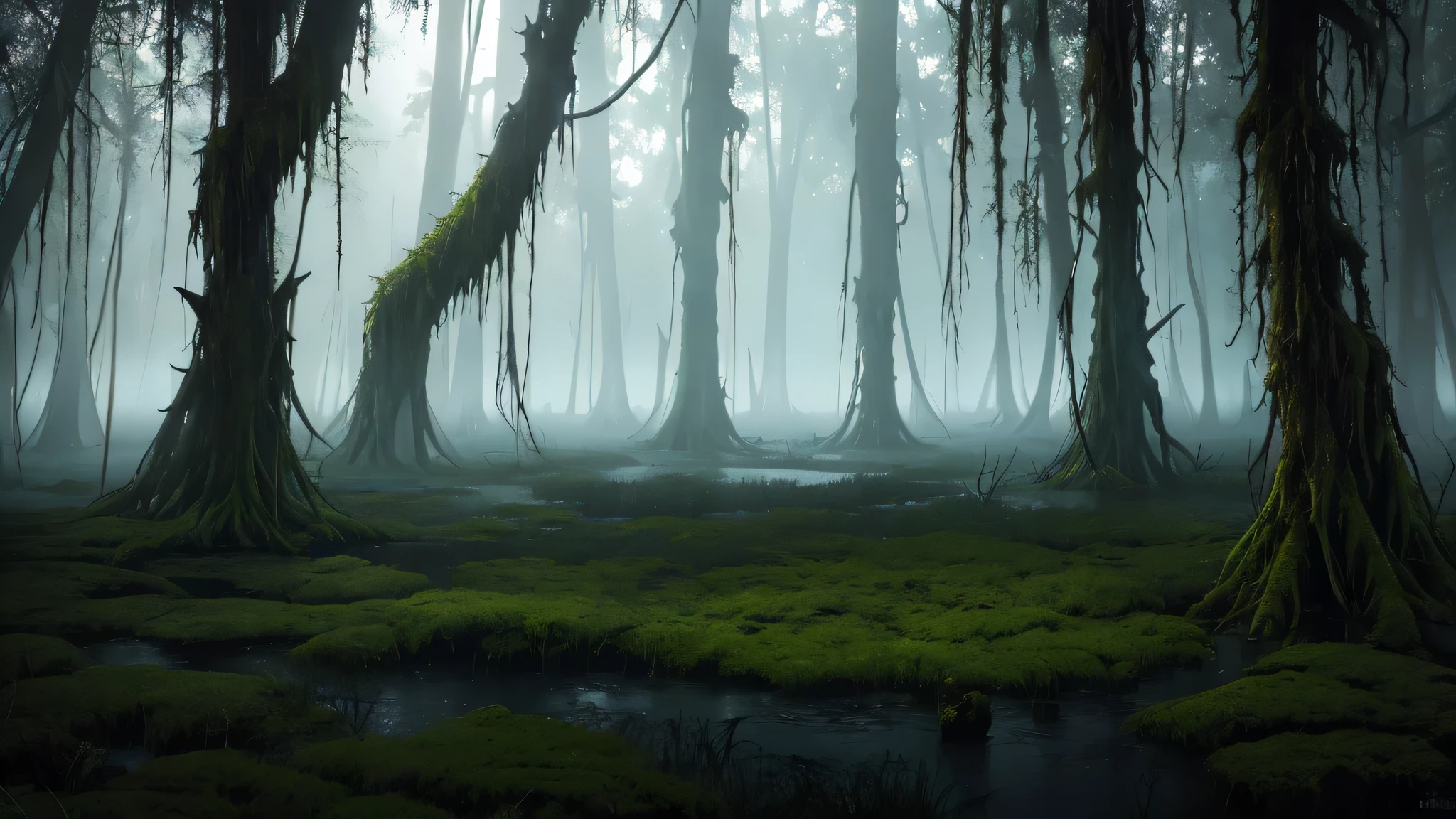 best god quality, Ultra-detailed, High resolution, Best lighting by professional AI, I'm in a fetid swamp with gnarled black trees rooted into the water. It is day but heavily obscured by fog. The vegetation is swamp like and the water black and murky. In the distance I see the borders of an dark oak forest