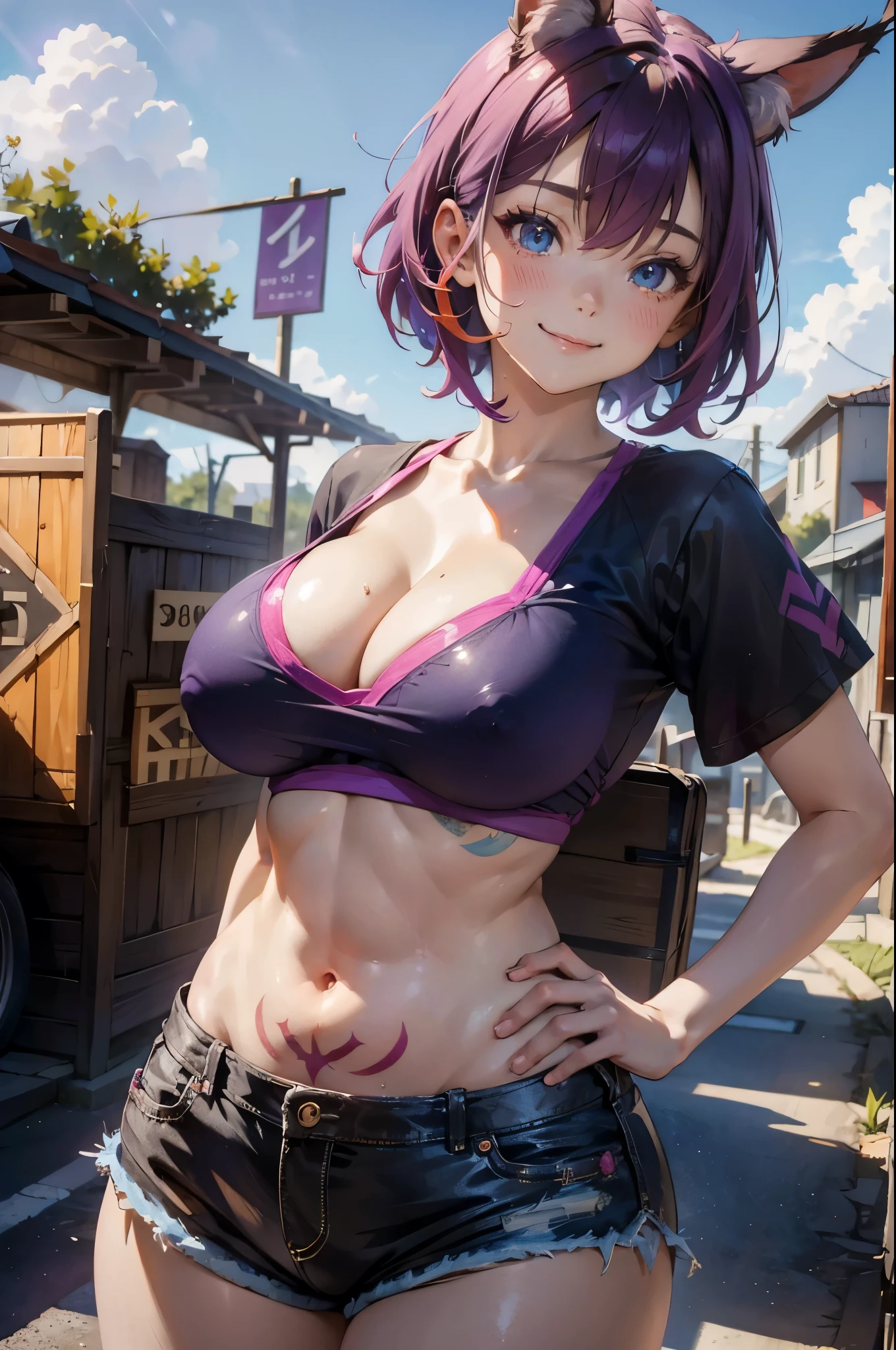 Young Girls, Multi-colored hair, Purple short hair, Fox ears, blue eyes, Smile, Open belly, Purple T-shirt, Huge breasts, Red tattoo, shorts, masterpiece, high quality, 4k, HD, The details are good，（（（Crazy breast swelling）））（（非常Huge breasts）），（（Grooves reveal original skin））