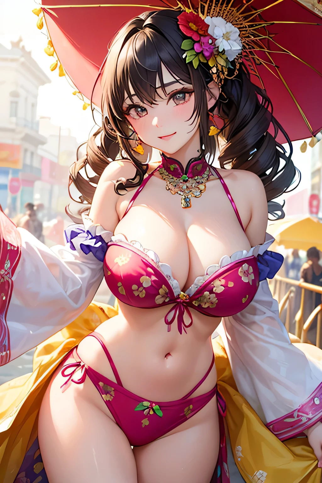 highest quality、High resolution、Detailed Background、(Beautiful face in every detail:1.4)、Anatomically correct、(Detailed facial expressions)、(Detailed eyes:1.2)、(Detailed eyes:1.2)、age beauty、(Highly detailed face:1.4)、Brightly colored hair、well-groomed eyebrows、Perfect body line、Attractive thighs、
(Huge breasts:1.2)、Hairstyles that add waves and curls、Fancy eye makeup、Lip Makeup、I'm excited、Blushing、High tension、A big smile、smile、Carnival of Rio、night、
(A girl dancing energetically to "High Tension" at Carnival of Rio:1.5)、
Lots of colorful costumer.々There will be parades and performances、
Ruffled or lacy tops and dresses、Choose items with sweet colors and patterns、Fruit and floral print tops and bottoms are perfect for the carnival atmosphere.、The refreshing colors and cute design make it even cuter.、Items that incorporate ribbons and bows as accents、hair accessory、necklace、Attach a ribbon、
A spectacular parade will be held in a huge facility with a vast stage and seating.、Walk through streets lined with Rio's iconic landmarks、In a dream-like scene, the participants dance wildly and the audience cheers enthusiastically.