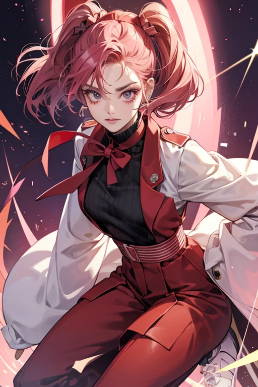 Bententchi is pink with two darker pink loops on top of her head as well as two pointed strands, resembling a bow. She also appears to have a red ribbon on each side of her head, with the two upper sections being short and the lower section almost reaching the ground. She wears a white top resembling bandages, white shoes, baggy red high-waisted pants, and a red overcoat. Her purple eyes each have one eyelash on top and four eyelashes at the bottom, and she always appears to have her upper eyelids slightly lowered. SPARKLE; GLITTER
