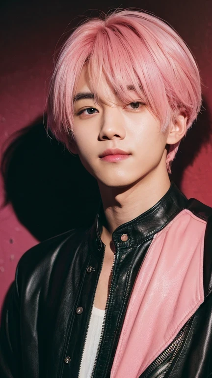 (Highly realistic photos, concentrate、High resolution, Detailed face, Detailed Hair,fine grain), ((Shooting in front of a wall))、Japanese men, 20-year-old, One boy,Only one person is in the photo、Natural look、((Black jacket)), Upper body portrait,masterpiece,good looking,Kim Tae-hyung,Kim Taehyung\(BTS\),Stage makeup,Fair skin,Broad shoulders:1.5,(Pink Hair, :1.2),shy,smile,,This intense neon lighting casts dynamic, colorful shadows on his face, emphasizing the lively energy of Tokyo's night life --ar 3:4 --style raw --stylize 250、black leather jacket
