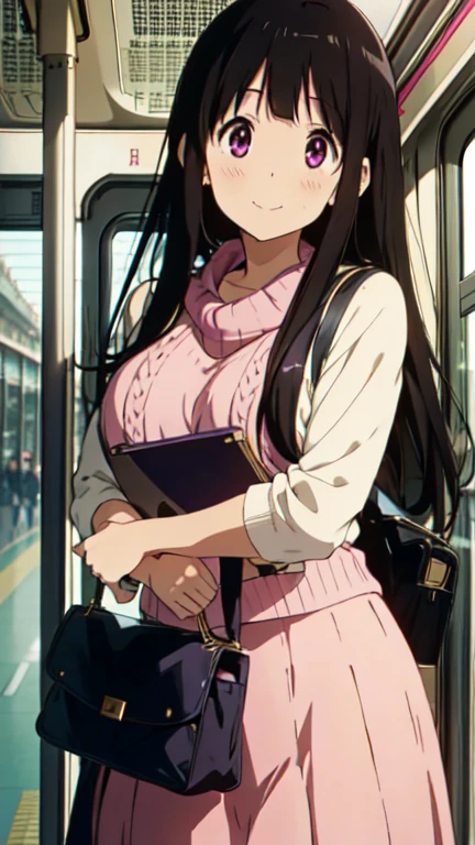 Chitanda El,Tilt your head 25 degrees to the right,Big Breasts,blush,A big smile,Blonde Sweater,Black Skirt,Purple Eyes,Black Hair,long hair,Pink shoulder bag,Beautiful image quality,Inside the train,