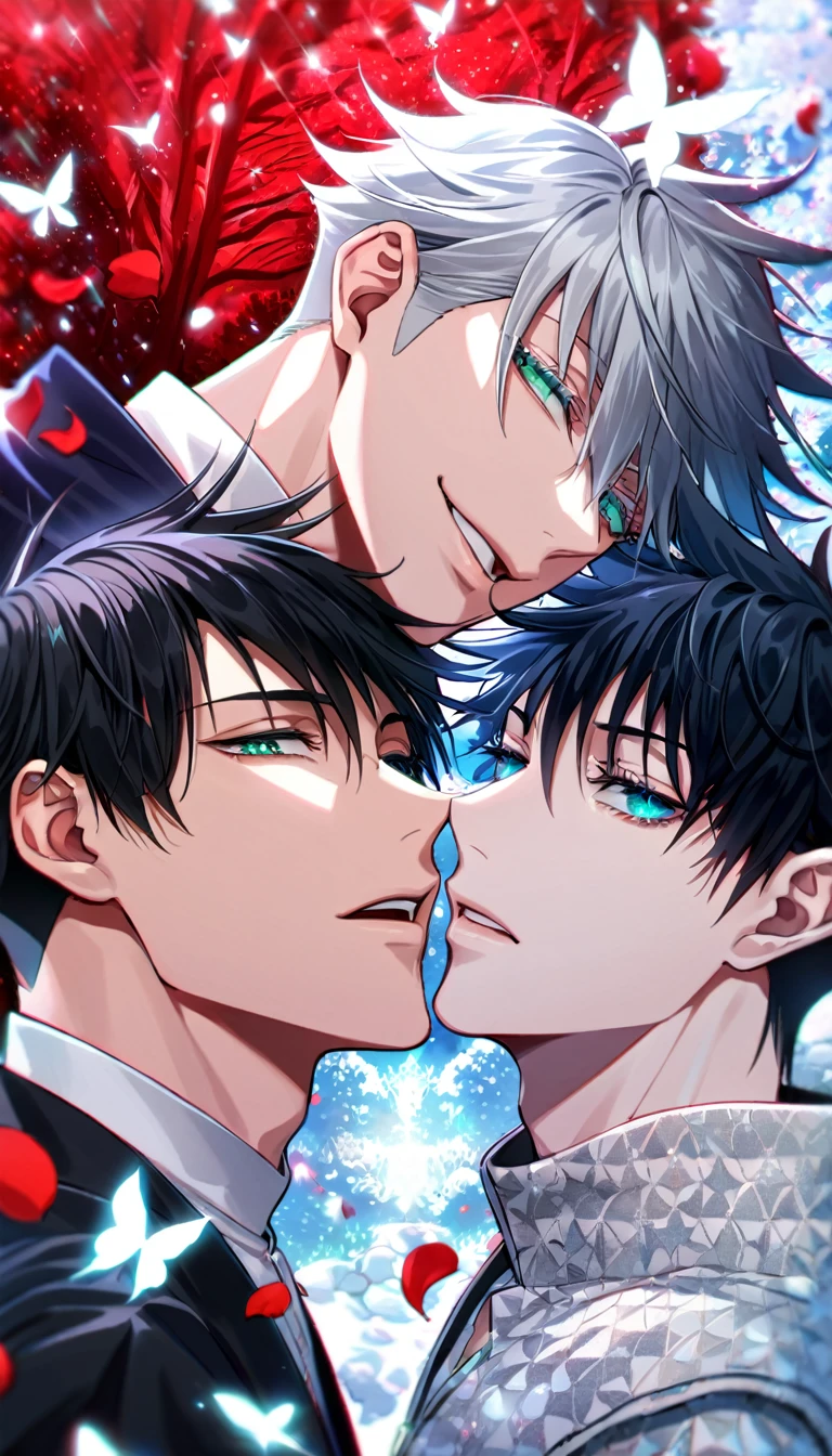 Ultra detailed, HDR, Highres, absurdres, master piece, Fushiguro Megumi, black hair, expressive green eyes, Gojo Satoru, white hair with bangs, expressive blue eyes, white eyelashes, hair between the eyes, glittering silver butterflies, petals, prince fantasy clothes with patterns, red flowers, Jujutsu Kaisen, handsome, two sexy man together, gay couple, love, yaoi, extremely detailed face and eyes, glittering, red forest, red rain, black pants