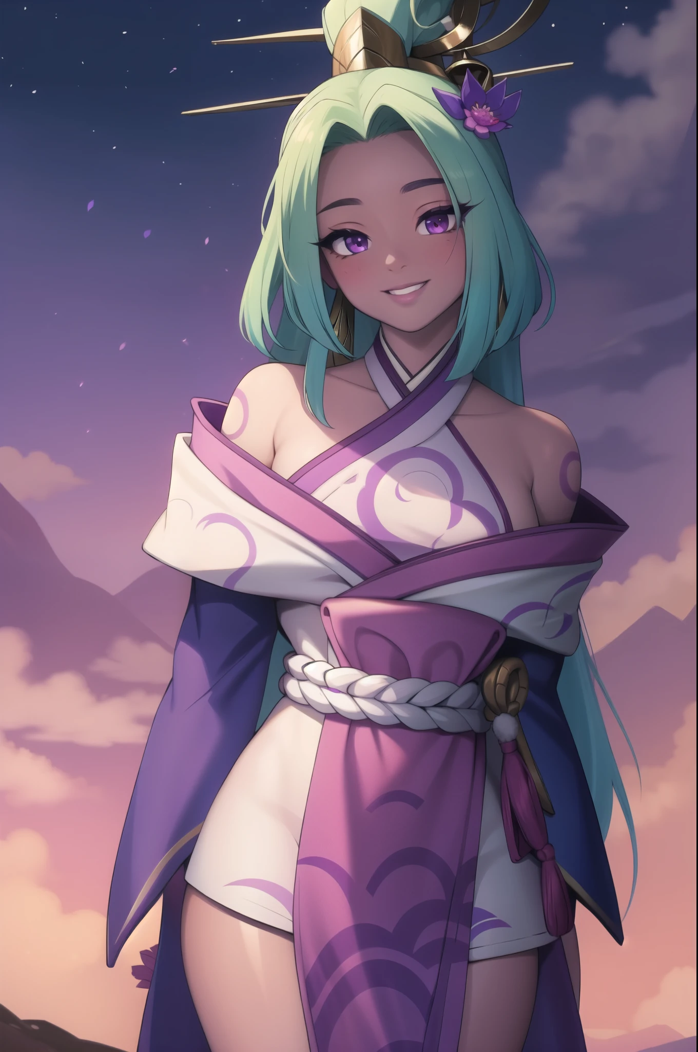 (masterpiece, best quality:1.2), intricate details, spirit blossom soraka, 1girl, purple skin, colored skin, single horn, kimono, hair ornament, bare shoulders, smile