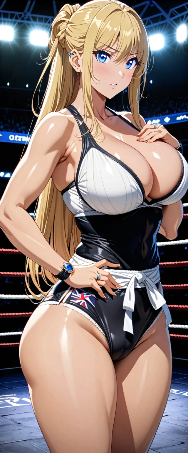 ((masterpiece)), ((high quality)), ((super detailed)), ((high resolution)) ,((8k)), a beautiful woman, ((She is one of the most famous female Gravure actress in the world.)), unparalleled beauty, ((huge breast)), ((large ass)), ((deep cleavage)), slim waist, chest out, ultra detailed face, perfect skin, (((Half-up hairstyle, Blonde straight hair))), blue eyes,  detailed eyes, whole body image, (((anime))), ((glamorous)), 24 years old, ((incredibly beautiful woman)), ((The I cup bust)),  ((((ring wear, innerwear)))),  ((beautiful breasts)), beautiful legs, 8 life size, anime, the most beautiful and strongest, ((charm)), ((Half Japanese and half British)), ((Grown-up face)), ((Open Finger Glove, Five fingers)),  (((Women's mixed martial arts,  A fighting arena))), ((Bewitching)), Sexy pose, ((Top K-1 Fighter)),