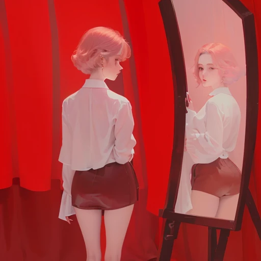 there is a painting of a woman standing in front of a mirror, against a red curtain, behind red curtains, in a red dream world, inspired by Lajos Gulácsy, pale red, blurry and dreamy illustration, red room, looking out at a red ocean, red monochrome, looking in the mirror, standing in front of a mirror