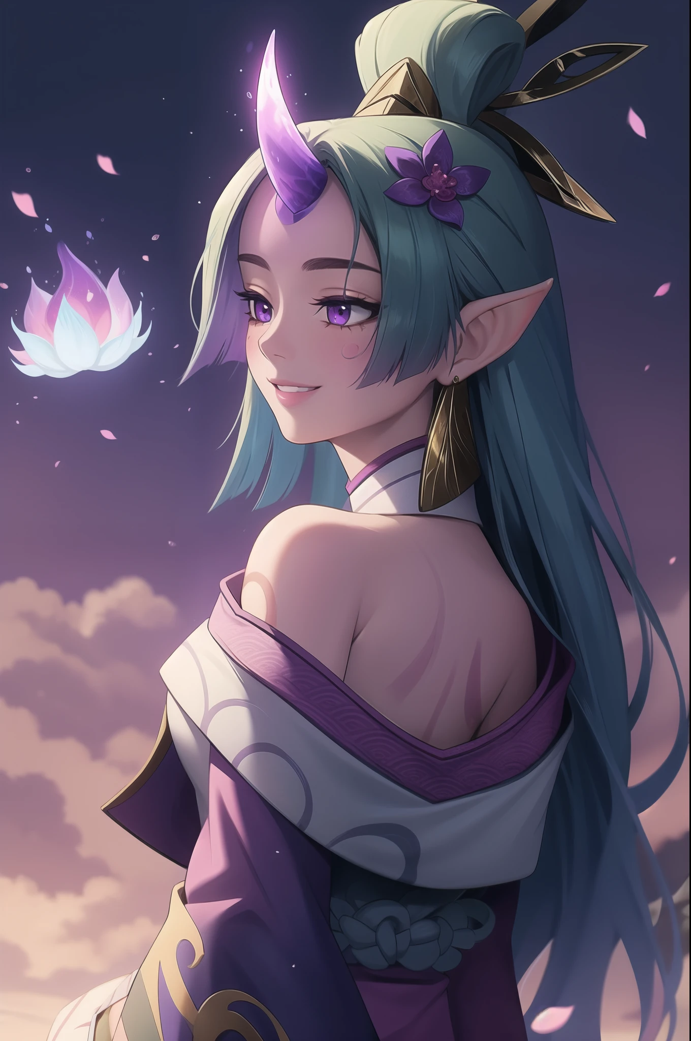 (masterpiece, best quality:1.2), intricate details, spirit blossom soraka, 1girl, purple skin, colored skin, single horn, kimono, hair ornament, bare shoulders, smile