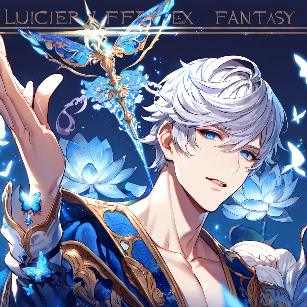 absurdres, highres, ultra detailed, HDR, master piece, best quality, Lucifer, white hair, expressive blue eyes, granblue fantasy, solo, sexy man, handsome, patterns, magical, fantasy, blue background, blue lotus, shining, blue petals, blue sparkling butterflies