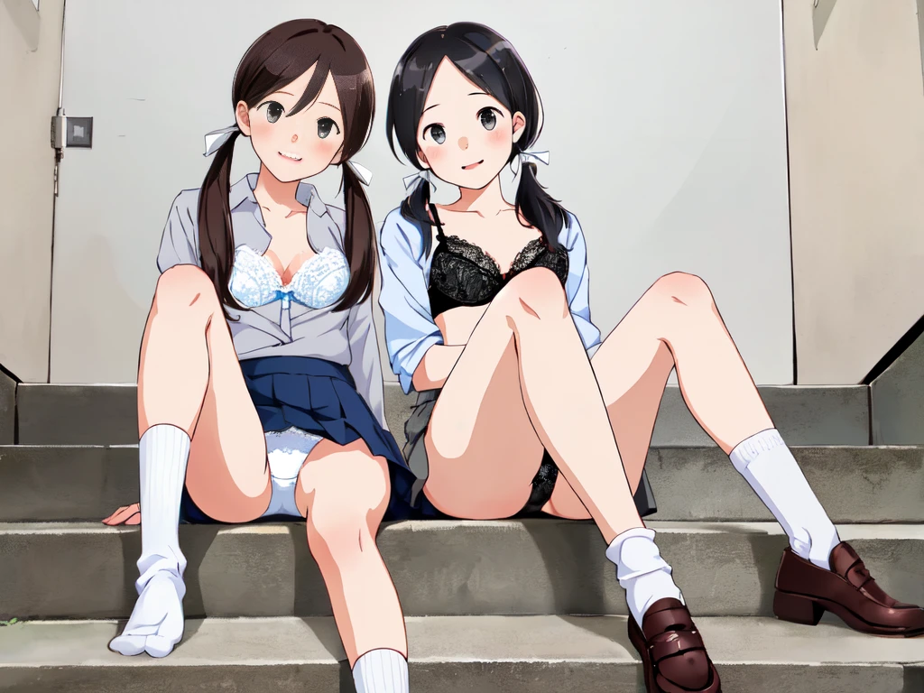 highest quality, Ultra-high resolution, (Realistic: )2D official style cel animation,((２Girl sitting in a row))high school girl、Twin tails、White Big Ribbon、Grey mini skirt,summer shirt,Unbutton、(Lace panties、Lace bra),loose socks,Full body portrait,(From below),Station stairs,sunny,Spread your legs、blush、