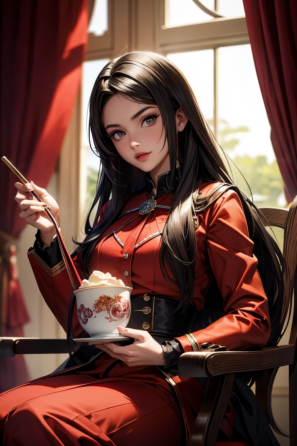 A woman in a red coat sits on a chair with a dragon, popular no ArtStation Pixiv, arte detalhada de animework, arte digital detalhada de anime, complexo lindo estilo CGI de anime, guvez no pixiv art station, guvez no pixiv, anime fantasy illustration, arte detalhada de anime, clean arte detalhada de anime, arte chave detalhada do anime, micro-open red lip, nu