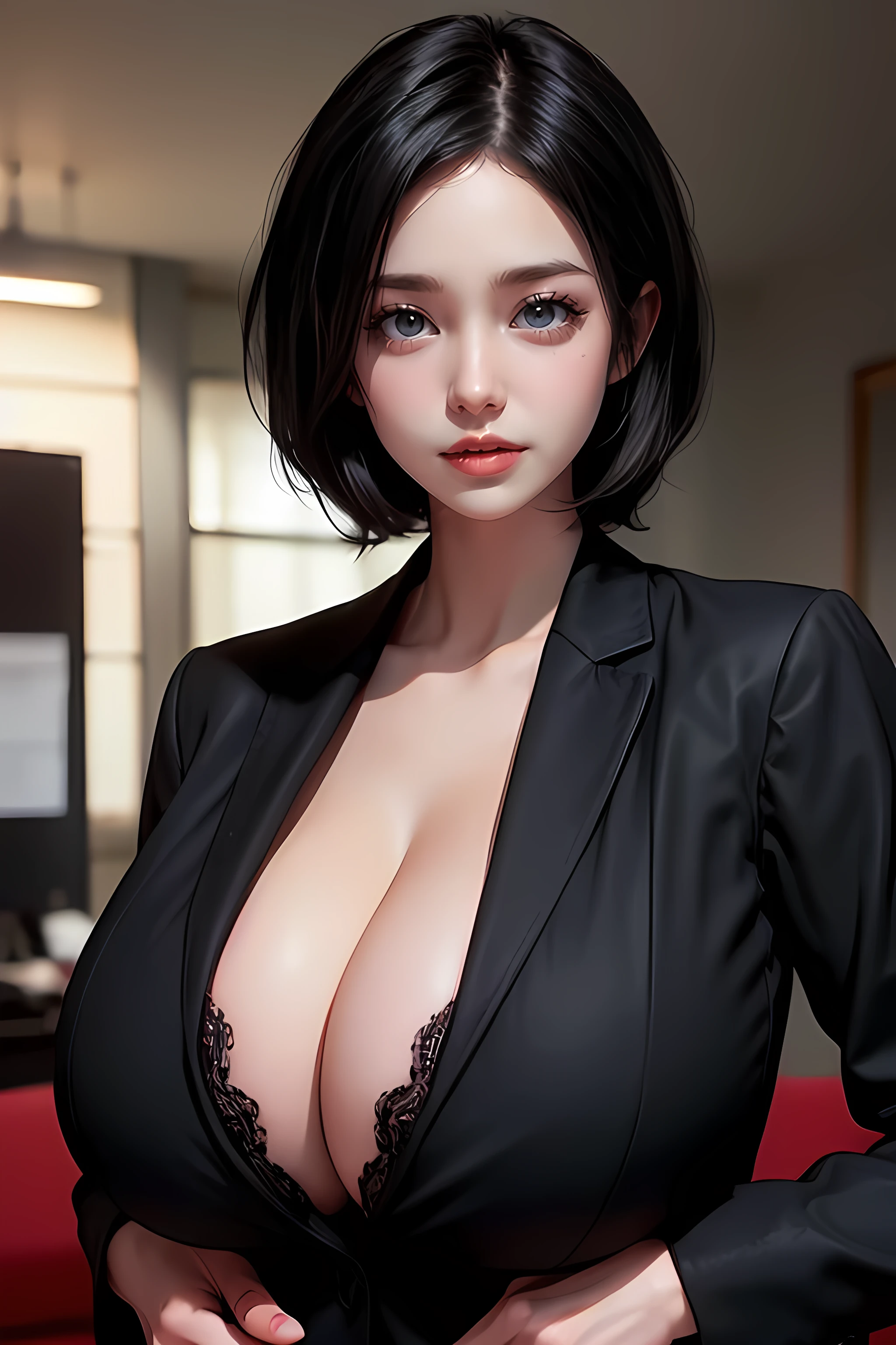 1girl,((35 year old mature woman)),(((black formal suit for women))),((((1 girl))),(blue eyes)),(Very Intense Makeup)), smiling, ((red lipstick)),((woman in makeup)), short hair, black hair,(((huge breasts))),,(((huge breasts))),office room,extremely realistic female eye,(((solamente))),cuerpo perfecto,manos perfectas,cara perfecta,