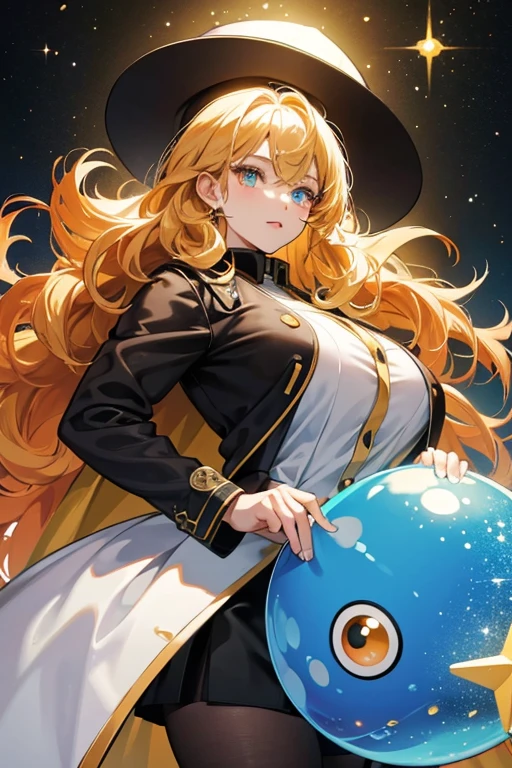 Big Boss Gotchi resembles a large, brown ball with stubby arms and legs, narrow eyes, a yellow beak, and a white cape. she has curly yellow hair with a black hat, and she emits a blue Ura glow. SPARKLE; GLITTER