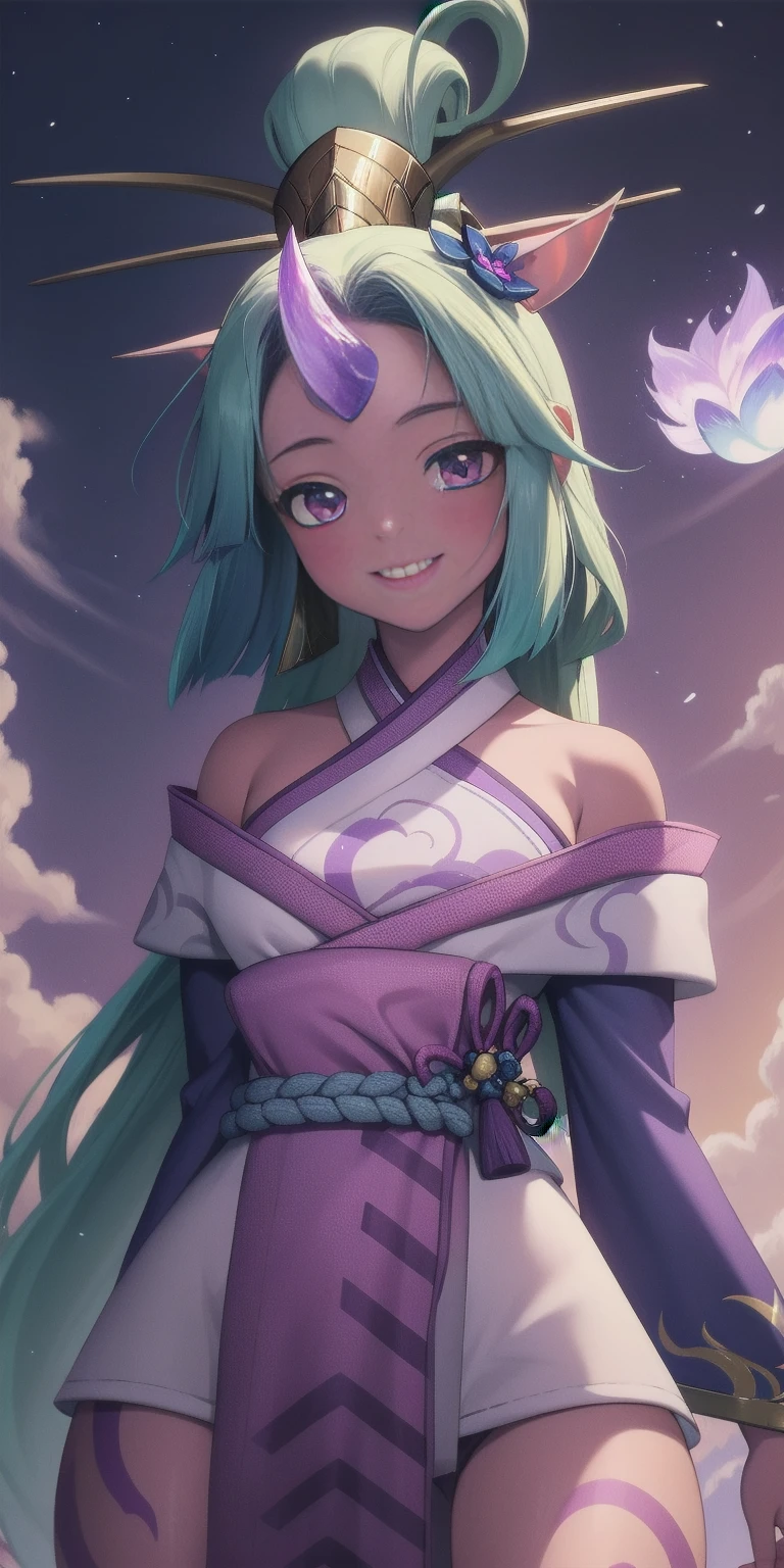 (masterpiece, best quality:1.2) far shot from below intricate details, spirit blossom soraka, 1girl, purple skin, colored skin, single horn, kimono, hair ornament, bare shoulders, smile