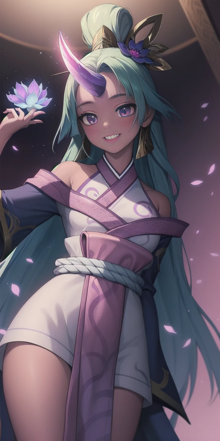 (masterpiece, best quality:1.2) far shot from below intricate details, spirit blossom soraka, 1girl, purple skin, colored skin, single horn, kimono, hair ornament, bare shoulders, smile