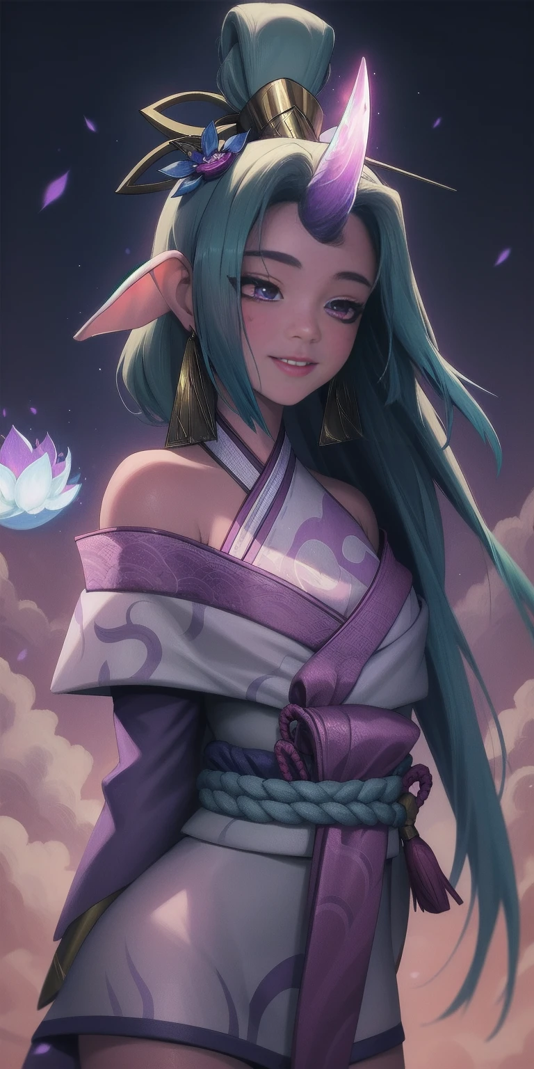 (masterpiece, best quality:1.2) far shot intricate details, spirit blossom soraka, 1girl, purple skin, colored skin, single horn, kimono, hair ornament, bare shoulders, smile