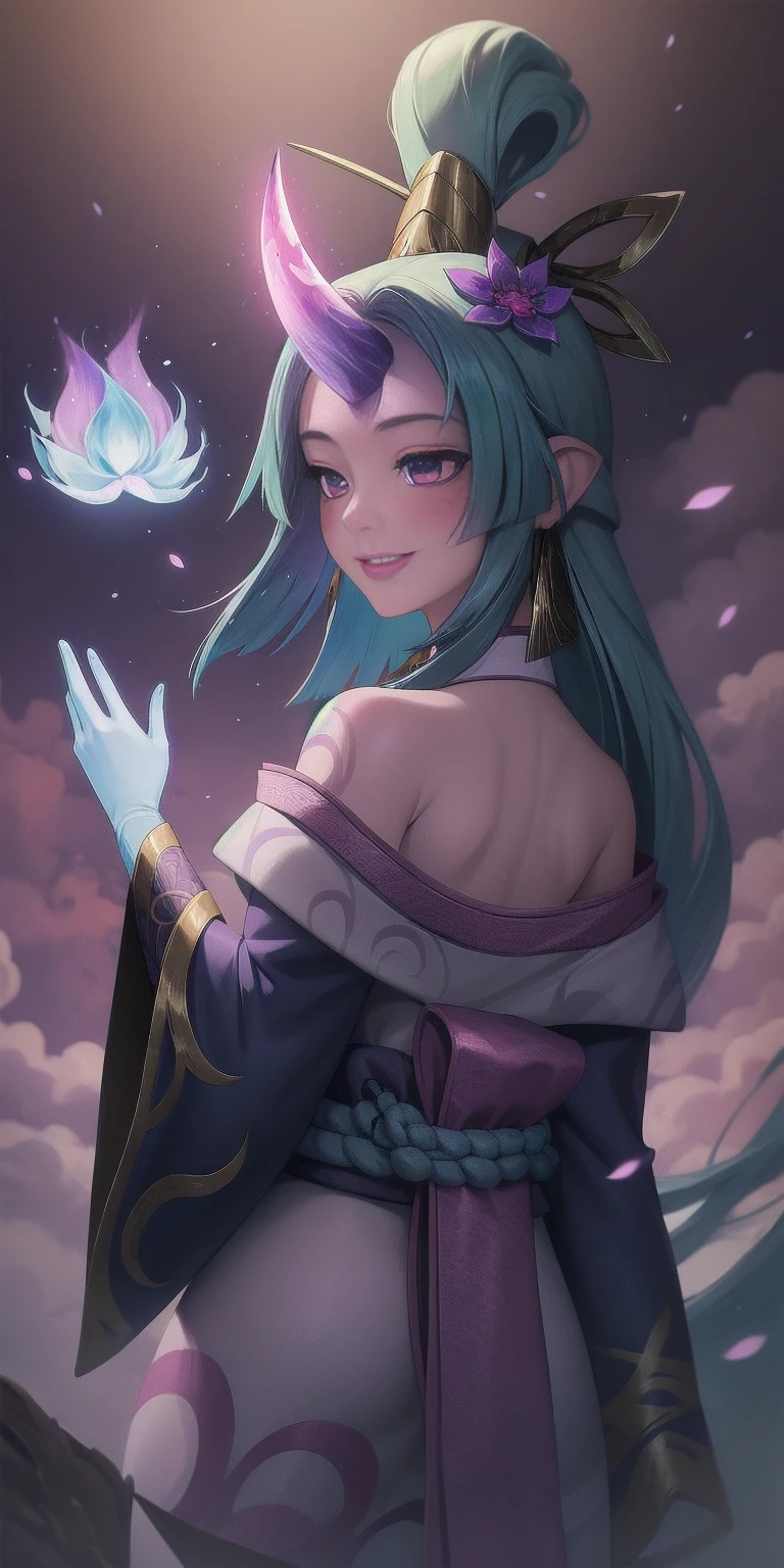 (masterpiece, best quality:1.2) far shot intricate details, spirit blossom soraka, 1girl, purple skin, colored skin, single horn, kimono, hair ornament, bare shoulders, smile