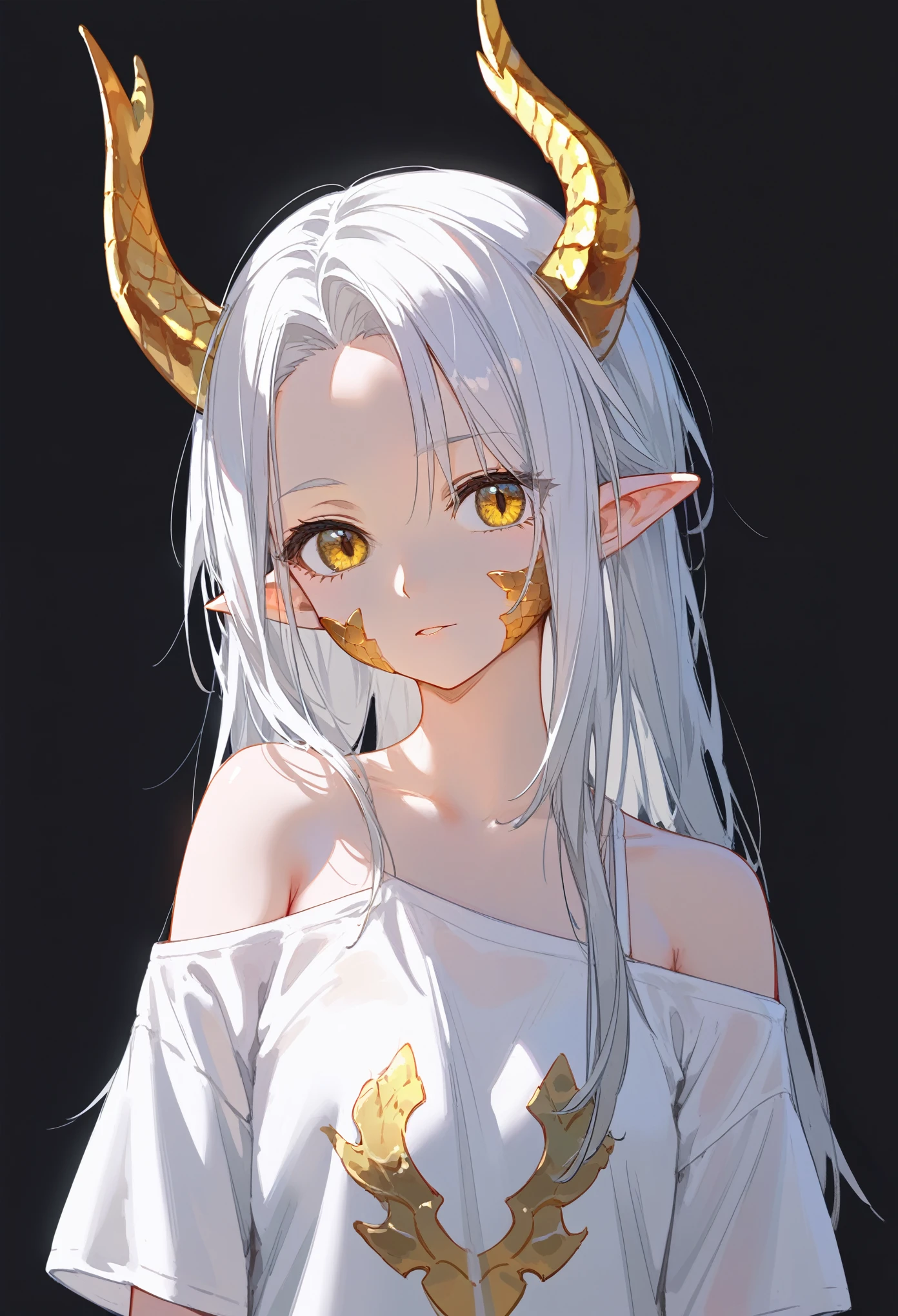 1girl, solo, long hair, white hair, parted bangs, short bangs, forehead, yellow eyes, dragon girl, golden dragon horns, dragon tail, white dragon tail, pointy ears, golden scales on cheek, wearing a white shirt, oversized shirt, bare shoulder, bottomless, arms on sides, upper body, black background, simple background, masterpiece, best quality, score_9, score_8_up, score_7_up, score_6_up