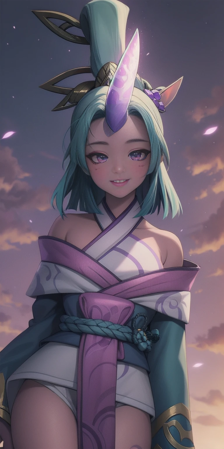 (masterpiece, best quality:1.2) from below intricate details, spirit blossom soraka, 1girl, purple skin, colored skin, single horn, kimono, hair ornament, bare shoulders, smile