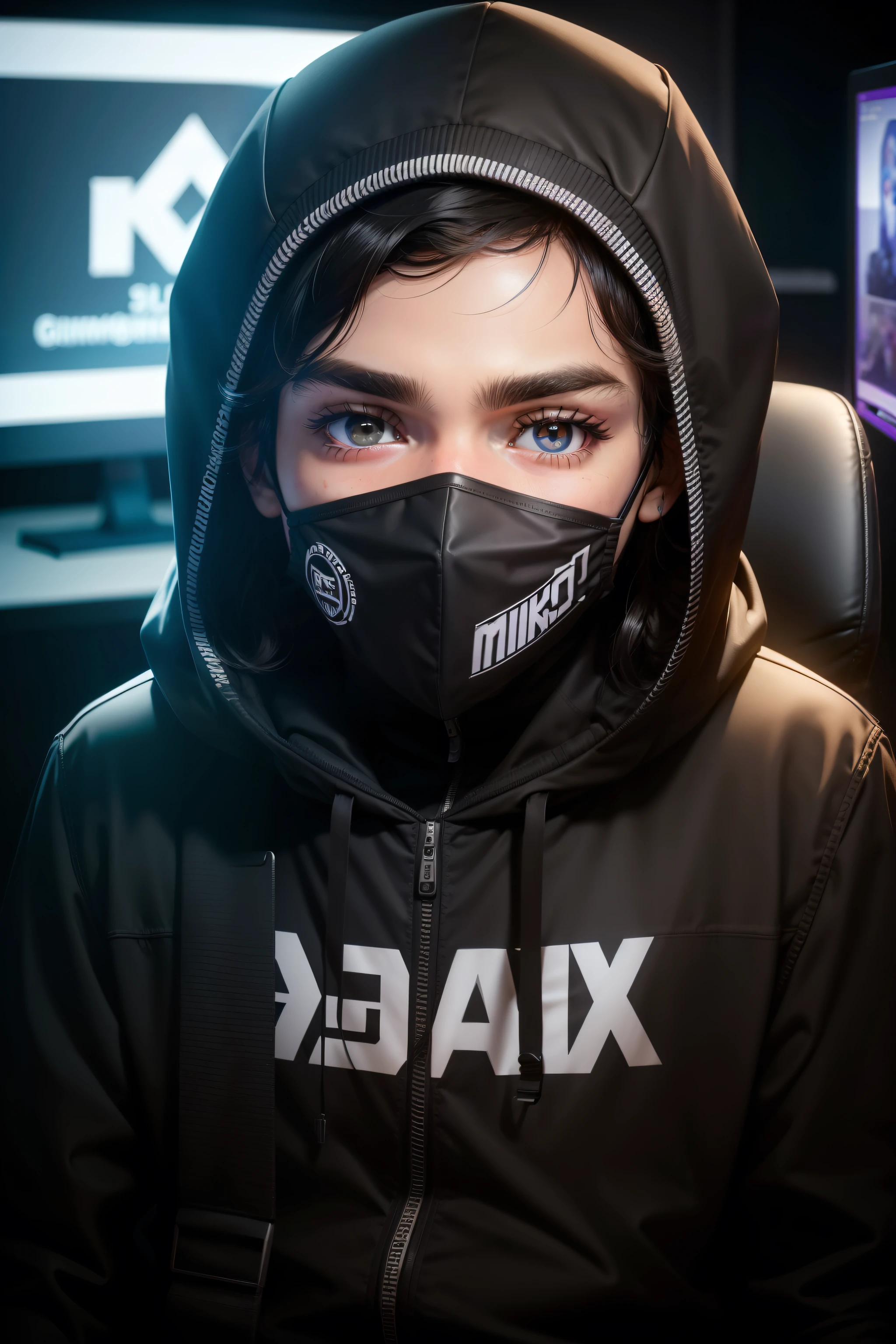 menino humano, mask black. sentado no computador, usando mascara, quarto gamer, streamer