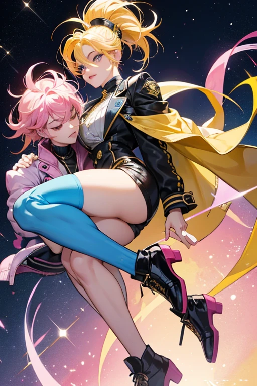 Bikertchi has blue skin, pink legs, and a long pink beak. Her eyes always look closed. she has yellow hair in a pompadour hairstyle with sideburns. she wears a black jacket with yellow buttons and black shoes. SPARKLE; GLITTER