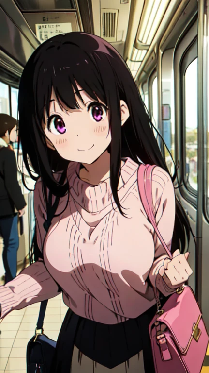 Chitanda El,Tilt your head 25 degrees to the right,Big Breasts,blush,A big smile,Blonde Sweater,Black Skirt,Purple Eyes,Black Hair,long hair,Pink shoulder bag,Beautiful image quality,Inside the train,Whispers,Leaning forward,