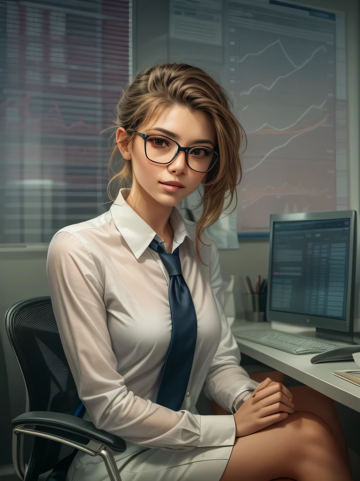 a beautiful young woman exuding an air of confidence and intellect in a sleek modern office space beside a complex financial chart on the wall, you can feelher analytical mind at work, straight in the camera gaze, slightly smiling, full body, top model measurements, office dresscode, wearing glasses, cute face, still very professional, by Alejandro Burdisio