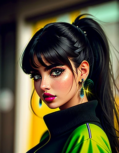 {Ana de Armas}, (Long ponytail hair with black bangs and slightly messy),, (olhos verdes, olhos altamente detalhado e brilhante), (full lips with dark lipstick), (perfect symmetrical body, cintura fina, quadril largo, magra), imagem altamente detalhada, alta qualidade, 16K, estilo cyberpunk, Altamente hiper realista.