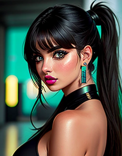 {Ana de Armas}, (Long ponytail hair with black bangs and slightly messy),, (olhos verdes, olhos altamente detalhado e brilhante), (full lips with dark lipstick), (perfect symmetrical body, cintura fina, quadril largo, magra), imagem altamente detalhada, alta qualidade, 16K, estilo cyberpunk, Altamente hiper realista.