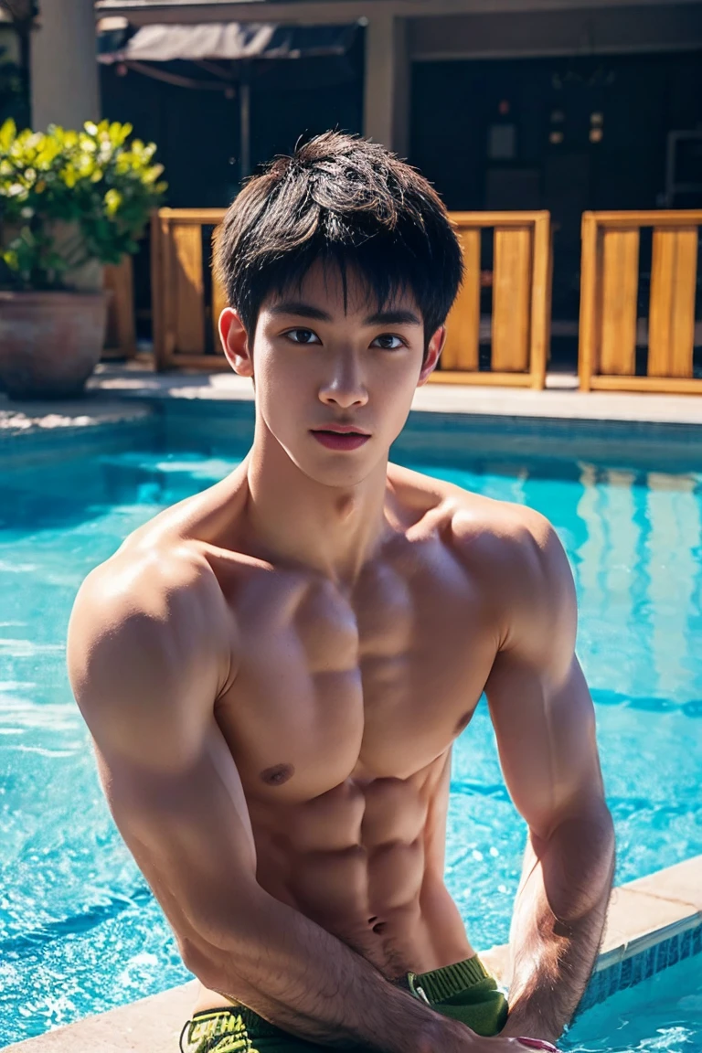 boy,Naked youthful appearance,naked,The penis is large enough for his age, with hair all over his body., Short haircut, Look at the camera, Detailed parts of the face, perfect anatomy, Symmetrical body, Manly, charming, Active Boy, pool background, sexy pose, Monastic gender, Asia boy 18 years old  old, shirtless :: Highly detailed, Asia, sexually,  charming body, realistic, human skin, short hairstyle, handsome chad chin, shirtless, handsome, charming, sexy young man, pubic hair, Be a man, sexuallyly charming, human skin, (Make eye contact), handsome, charming, 